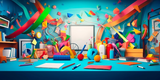 Sfondio dinamico di ritorno a scuola con un'esplosione di forme geometriche colorate e simboli che rappresentano diverse materie accademiche
