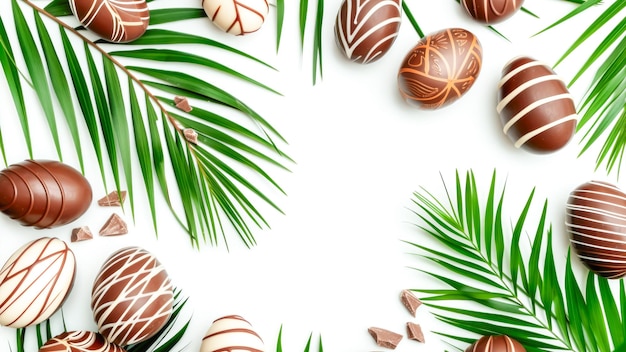 Sfondio dolce di cioccolato uova di Pasqua con spruzzate festive foglie di palma verdi e spazio di copia