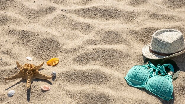 Sfondio estivo con cappello da bagno da spiaggia e conchiglie sulla sabbia Spazio di testo