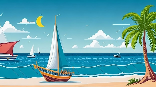 Sfondio estivo con vista sulla spiaggia con barche a vela