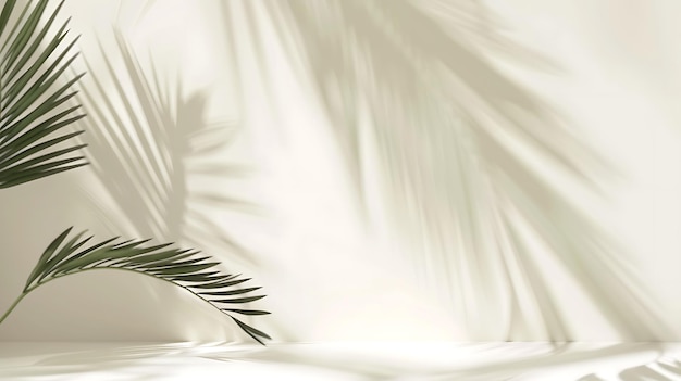Sfondio estivo minimalista con ombre sfocate di foglie di palma sulla parete crema