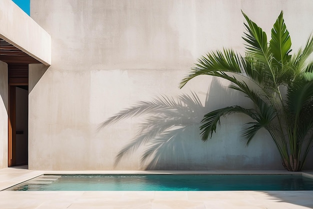 Sfondio estivo tropicale con parete di cemento piscina acqua e ombra di foglia di palma esteriore di hotel di lusso per il posizionamento del prodotto vacanze all'aperto casa di vacanza scena architettura neutra estetica