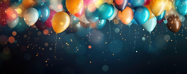 Sfondio festivo con palloncini, confetti e luci bokeh Spazio per il testo