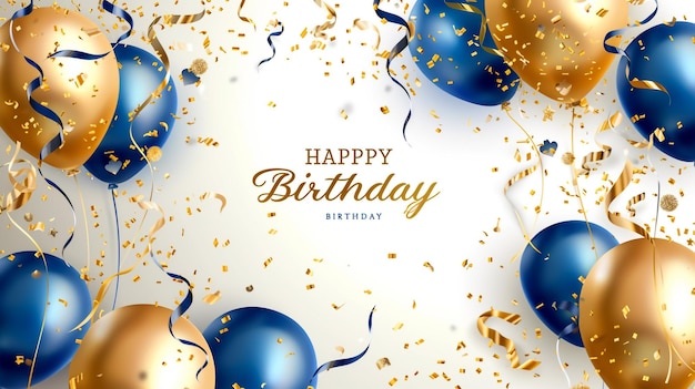 Sfondio festivo con palloncini metallici dorati e blu, confetti e nastri. Carta festiva per la festa di compleanno con messaggio che scrive HAPPY BIRTHDAY anniversario, nuovo anno, Natale o altri eventi.