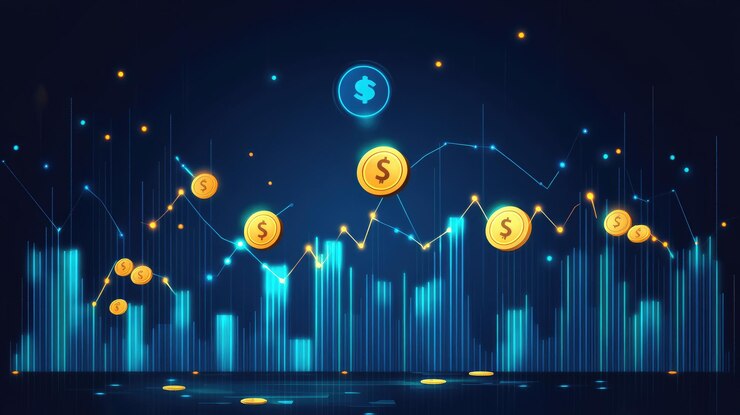 Sfondio finanziario astratto con linee luminose e monete d'oro