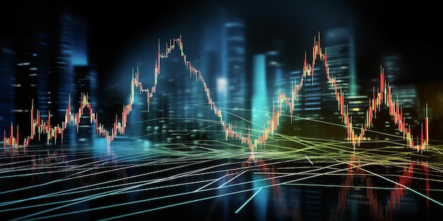 Sfondio finanziario della crisi economica Esposizione doppia di monete e banconote in dollari statunitensi con grafico finanziario che scende a causa della recessione economica globale Crasso dell'inflazione del mercato azionario