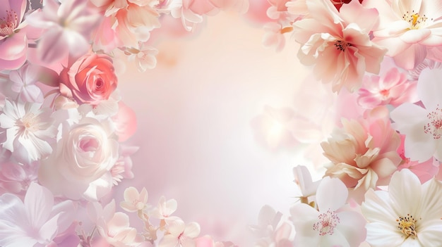 Sfondio floreale morbido con rose rosa e fiori di ciliegio con bokeh