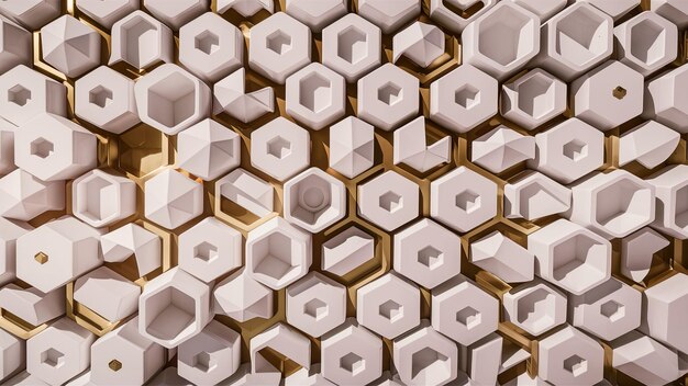 Sfondio futuristico astratto in motivi architettonici Testura geometrica modello irregolare di estagoni bianchi nido d'ape con macchie d'oro Struttura tridimensionale Illustrazione AI