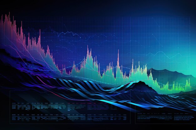 Sfondio futuristico con grafici e grafici finanziari sullo sfondo blu scuro