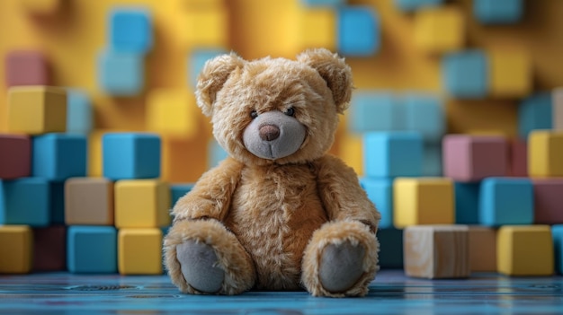 Sfondio giocattolo con orsacchiotto e blocchi colorati per bambini