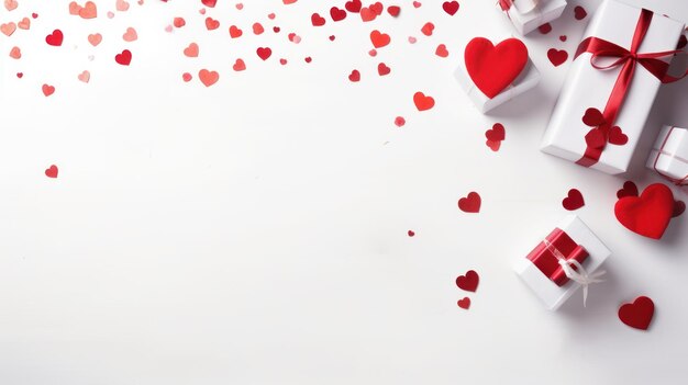 Sfondio in legno bianco ad alto angolo con cuori rossi con regali concetto di Valentine39s Day