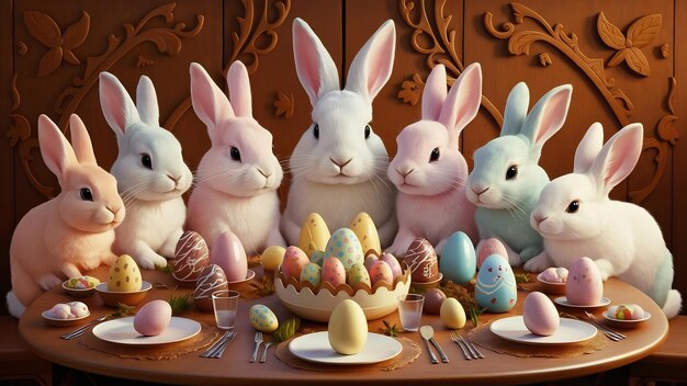 Sfondio in legno con conigli e cioccolato per il giorno di Pasqua