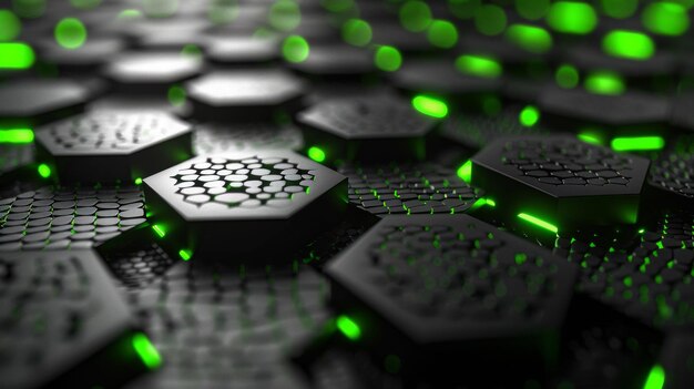 Sfondio in rete d'acciaio scuro con un poliedro in verde e nero con spazio per elementi di design Concept di innovazione tecnologica moderna