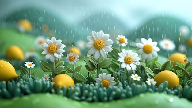 Sfondio in stile cartone animato 3D con tema pioggia su Cartoon Green Hills
