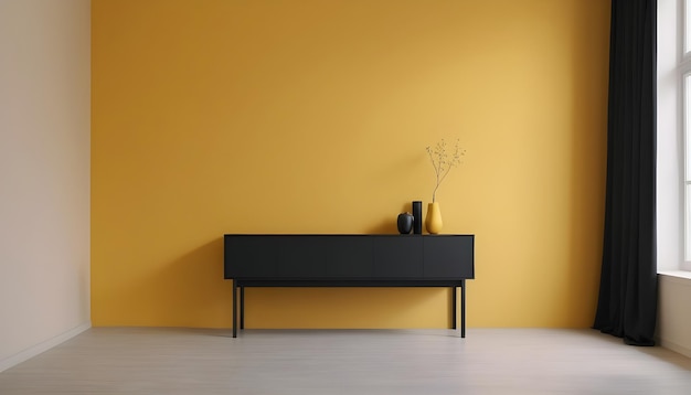 Sfondio interno minimalista con armadio nero e parete gialla