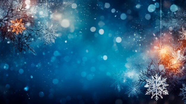 Sfondio invernale con fiocchi di neve e luci bokeh Sfondio natalizio Copia spazio per testo Copia spazi per testo IA generativa