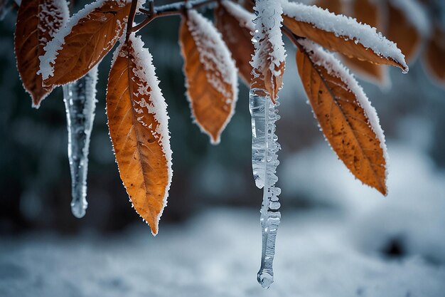 Sfondio invernale con foglie congelate appese