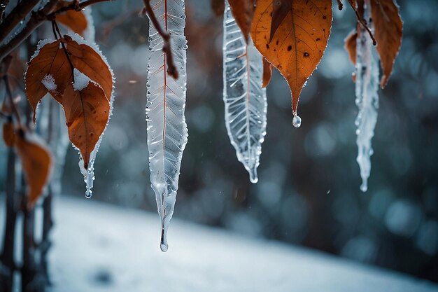 Sfondio invernale con foglie congelate appese