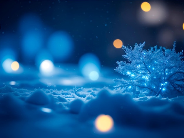 Sfondio inverno nuovo anno nuovo anno luci blu bocke albero di Natale notte di neve generata da AI