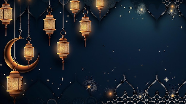 Sfondio islamico del Ramadan con lanterna dorata, mezzaluna e modello geometrico con copia vuota