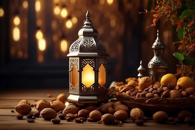 Sfondio islamico realistico di Ramadan Kareem con ornamento di luna e lanterna premium