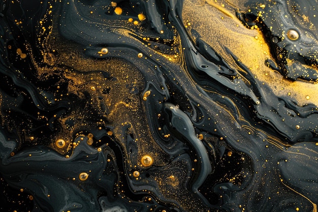 Sfondio liquido nero vista dall'alto di onde di olio e oro luccicante modello di vernice di lusso astratto concetto di superficie di marmo lucido vortice di acquerello