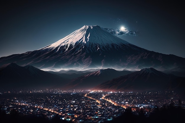 Sfondio luminoso della città in Giappone con vista sul monte Fuji generato da ai