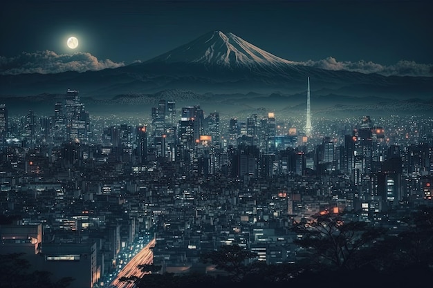 Sfondio luminoso della città in Giappone con vista sul monte Fuji generato da ai