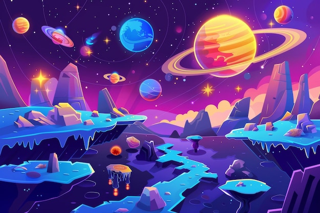 Sfondio moderno per l'interfaccia GUI di un gioco arcade con illustrazioni di cartoni animati di stelle e cosmo Illustrazione moderna di livelli completati con piattaforme paesaggio alieno e pianeti nel cielo