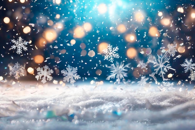 Sfondio natalizio astratto con miscelazione di colori confetti dorati scintillanti tessuto invernale sfocato con neve e luci bokeh