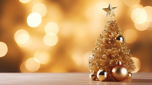 Sfondio natalizio con albero di Natale e decorazioni dorate su sfondo bokeh