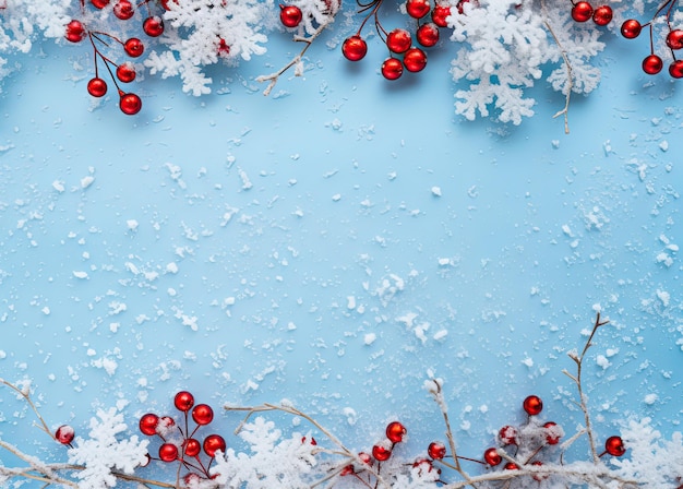 Sfondio natalizio con fiocchi di neve e bacche rosse su uno sfondo blu