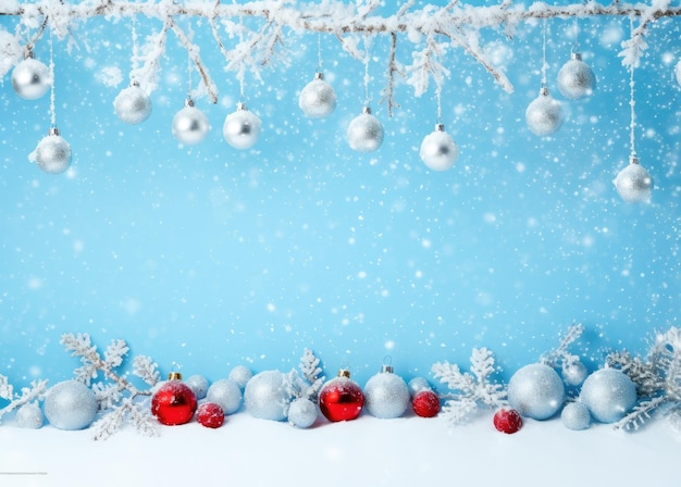 Sfondio natalizio con fiocchi di neve e palle natalizie su sfondo blu