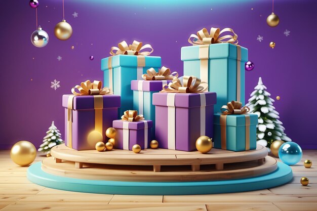 Sfondio natalizio con piattaforma in legno viola che colloca prodotti con molti regali in giro