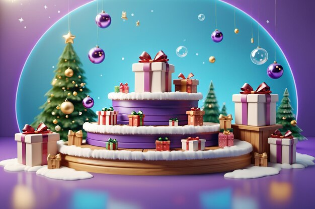 Sfondio natalizio con piattaforma in legno viola che colloca prodotti con molti regali in giro