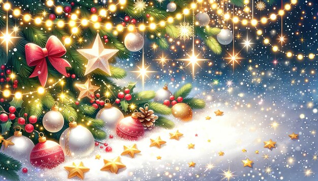 Sfondio natalizio con rami di abete, gioielli e stelle