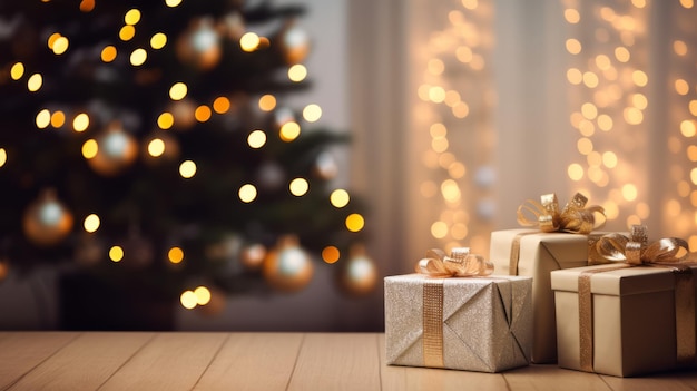 Sfondio natalizio con regali per l'albero di Capodanno e camino sullo sfondo generazione di AI