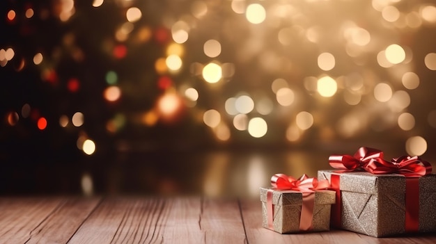 Sfondio natalizio con regali per l'albero di Capodanno e camino sullo sfondo generazione di AI