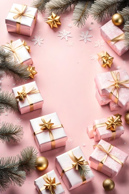 Sfondio natalizio con scatole regalo abete e neve su sfondo rosa