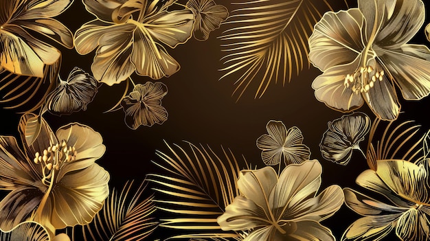Sfondio naturale moderno modello floreale tropicale dorato con stile artistico di linea per le pareti carte di auguri carta da parati e stampe