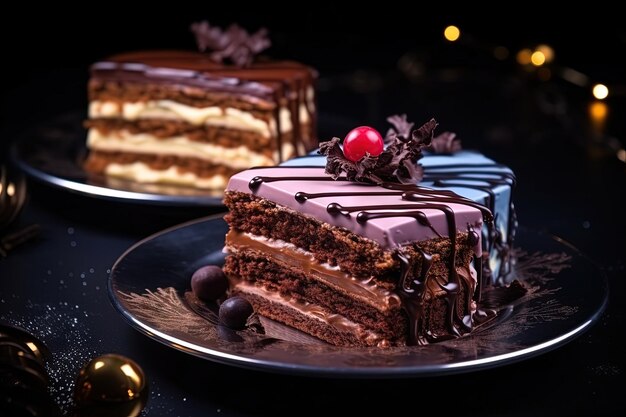 Sfondio nero due piatti due porzioni di tre torte di cioccolato per i compleanni e le vacanze