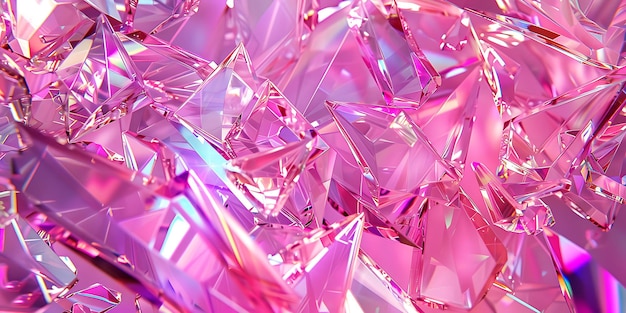Sfondio olografico con frammenti di vetro e riflessi arcobaleno in rosa e viola che creano un modello astratto alla moda con una consistenza magica