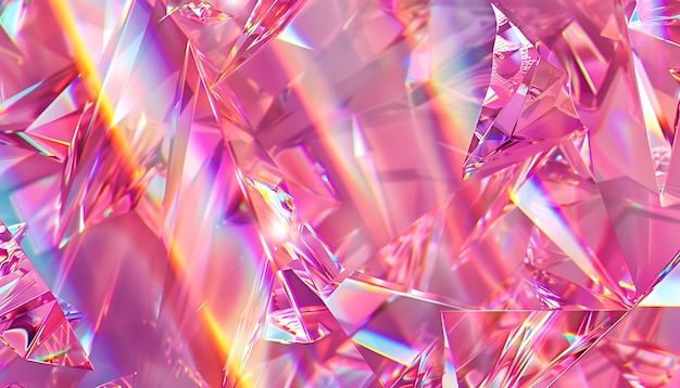 Sfondio olografico con frammenti di vetro e riflessi arcobaleno in rosa e viola che formano un magico modello astratto di tendenza