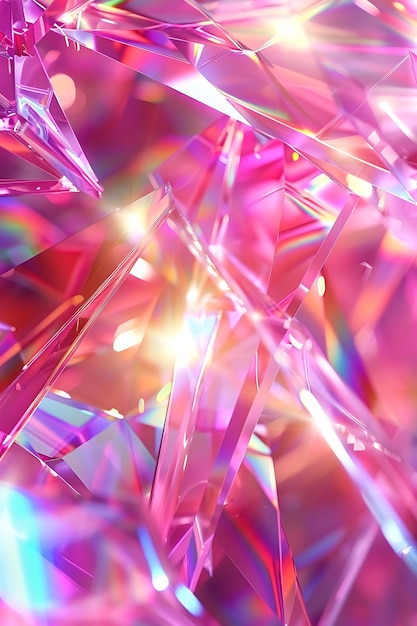 Sfondio olografico con riflessi arcobaleno e frammenti di vetro che formano un modello astratto alla moda con un effetto magico in rosa e viola