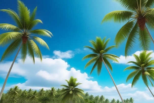 Sfondio paesaggio naturale tropicale con palme da cocco su fantastici paesaggi marini cielo blu sorprendente con nuvole per il concetto di vacanze estive e viaggi d'affari