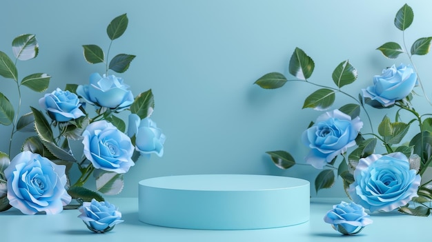 Sfondio per la visualizzazione di prodotti con fiori di rosa blu rendering 3D