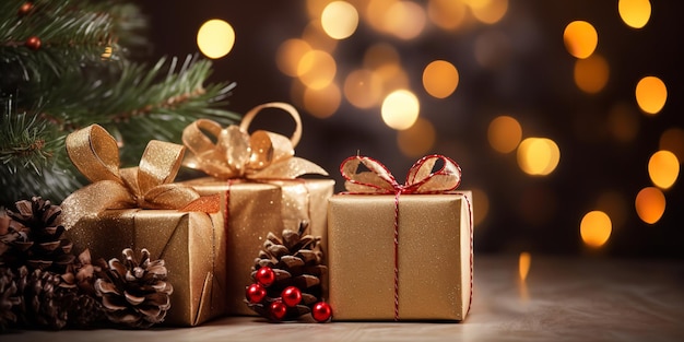 Sfondio per Natale e Capodanno con ghirlande bokeh e scatole di regali coni di pino e rami Generativa AI