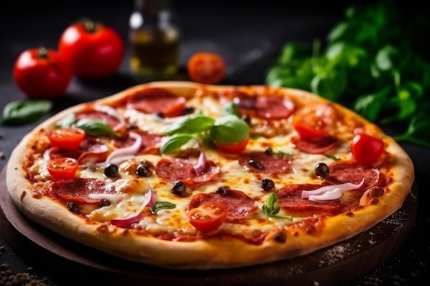 Sfondio pizza copia nera spazio veloce vista superiore pasto formaggio cibo cibo italiano pomodoro IA generativa