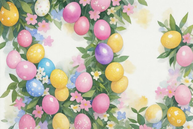 Sfondio primaverile ad acquerello di Pasqua Composizione in vista superiore Carta di Pasqua