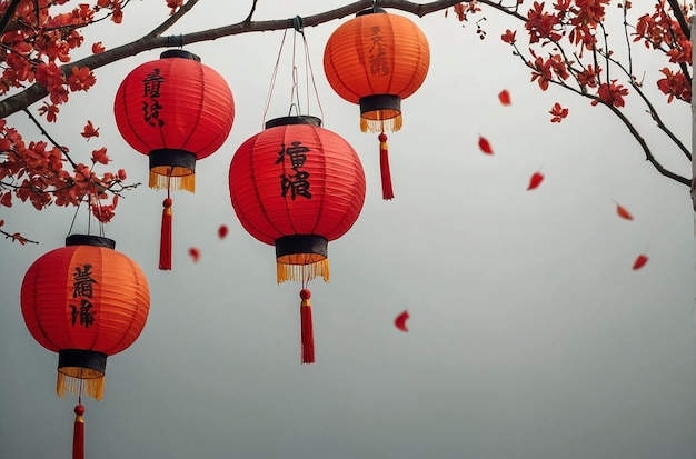 Sfondio pubblicitario del giorno della Cina con lanterne cinesi di carta rossa e spazio di copia